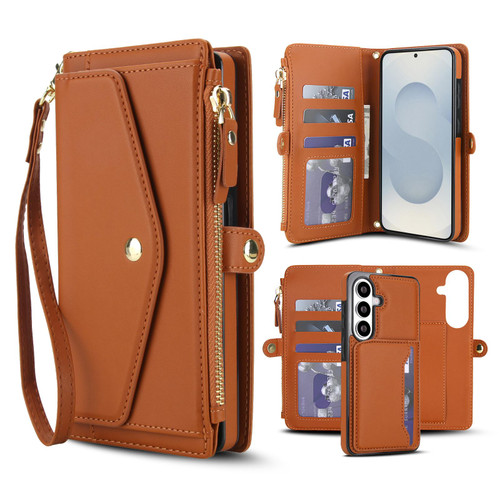 Samsung Galaxy S26 Multifunctional Wallet Detachable Leather Phone Case with Lanyard - Brown