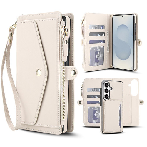 Samsung Galaxy S26 Multifunctional Wallet Detachable Leather Phone Case with Lanyard - White