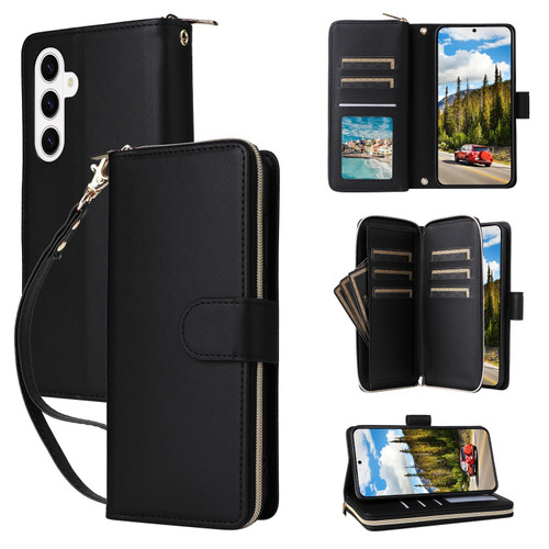Samsung Galaxy S26 Nine-card Slots Zipper Wallet Bag Leather Phone Case - Black