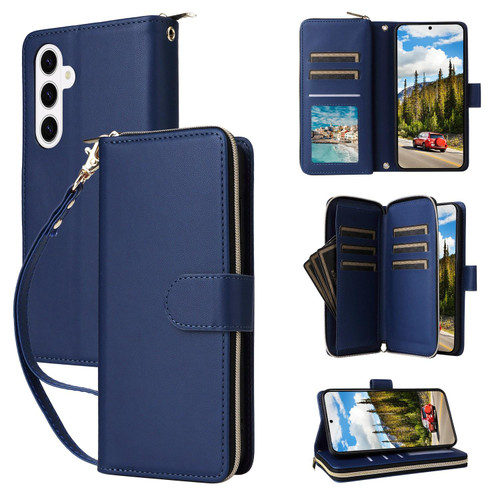 Samsung Galaxy S26 Nine-card Slots Zipper Wallet Bag Leather Phone Case - Blue
