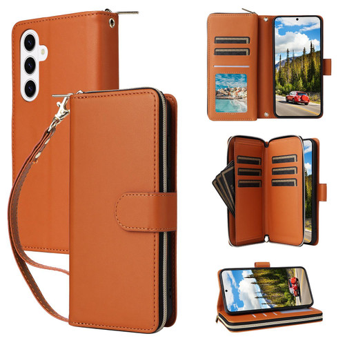 Samsung Galaxy S26 Nine-card Slots Zipper Wallet Bag Leather Phone Case - Brown
