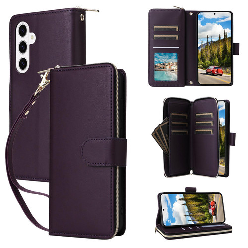 Samsung Galaxy S26 Nine-card Slots Zipper Wallet Bag Leather Phone Case - Dark Purple