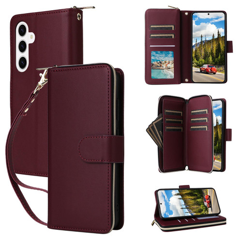 Samsung Galaxy S26 Nine-card Slots Zipper Wallet Bag Leather Phone Case - Wine Red