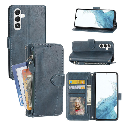 Samsung Galaxy S26 Oil Skin Zipper Wallet Leather Phone Case - Blue