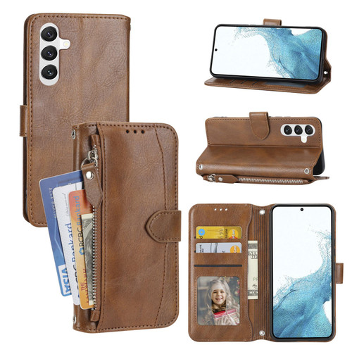 Samsung Galaxy S26 Oil Skin Zipper Wallet Leather Phone Case - Brown