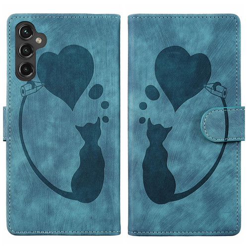Samsung Galaxy S26 Pen Heart Cat Embossed Leather Phone Case - Blue
