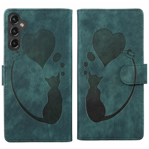 Samsung Galaxy S26 Pen Heart Cat Embossed Leather Phone Case - Green