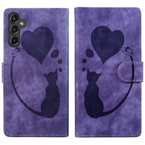 Samsung Galaxy S26 Pen Heart Cat Embossed Leather Phone Case - Purple