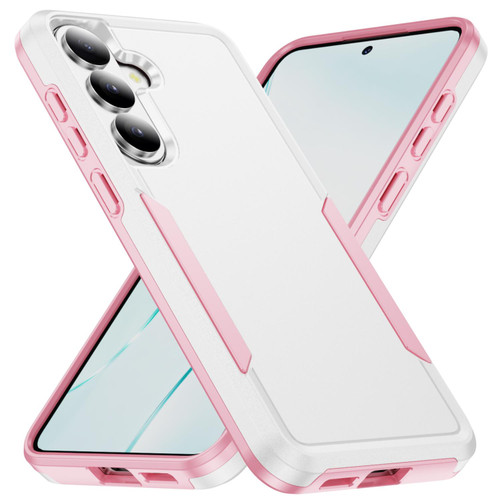 Samsung Galaxy S26 Pioneer Armor Heavy Duty PC Hybrid TPU Phone Case - White+Pink