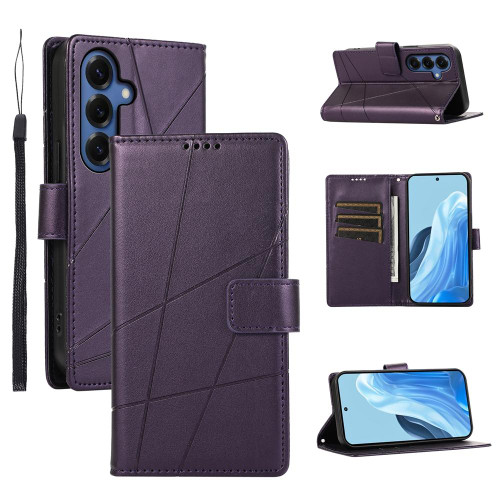 Samsung Galaxy S26 PU Genuine Leather Texture Embossed Line Phone Case - Purple
