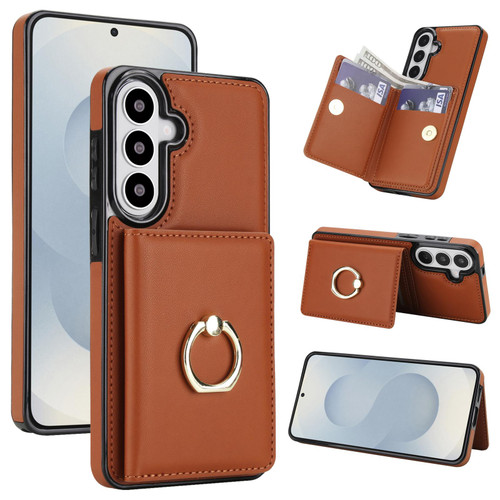 Samsung Galaxy S26 RFID Anti-theft Card Ring Holder Phone Case - Brown