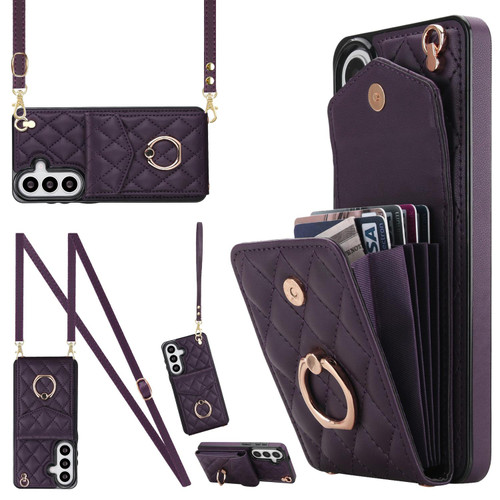 Samsung Galaxy S26 Rhombic Texture Card Bag Phone Case with Long Lanyard - Dark Purple