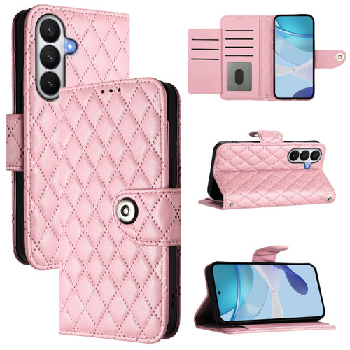 Samsung Galaxy S26 Rhombic Texture Flip Leather Phone Case with Lanyard - Pink