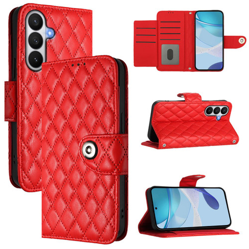 Samsung Galaxy S26 Rhombic Texture Flip Leather Phone Case with Lanyard - Red