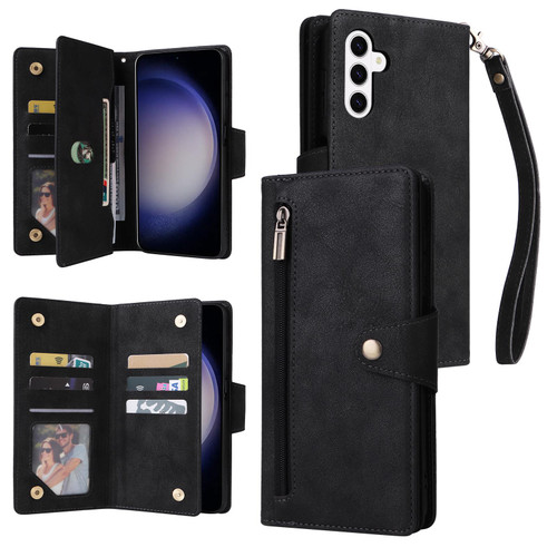 Samsung Galaxy S26 Rivet Buckle 9 Cards Three Fold Leather Phone Case - Black