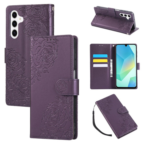 Samsung Galaxy S26 Rose Flower Embossed 3-Card Slots Leather Phone Case - Deep Purple