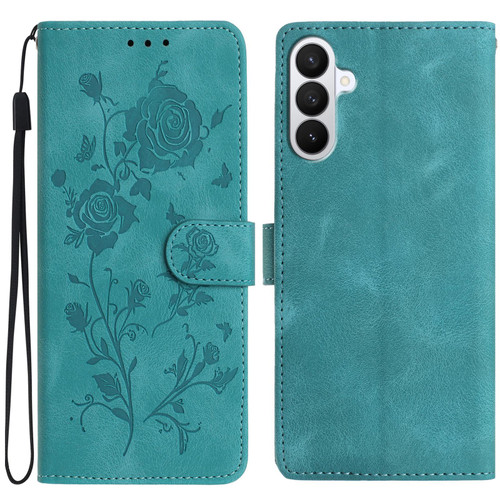 Samsung Galaxy S26 Rose Flower Embossing Pattern Leather Phone Case - Green