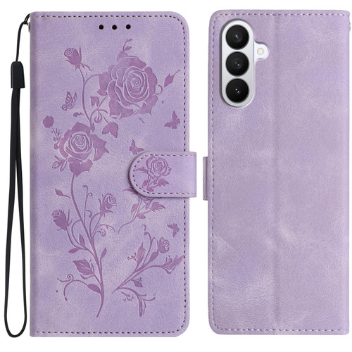 Samsung Galaxy S26 Rose Flower Embossing Pattern Leather Phone Case - Light Purple