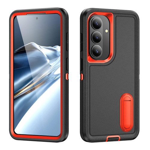 Samsung Galaxy S26 Rugged PC Hybrid Silicone Phone Case with Holder - Black+Orange