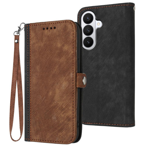 Samsung Galaxy S26 Side Buckle Double Fold Hand Strap Leather Phone Case - Brown