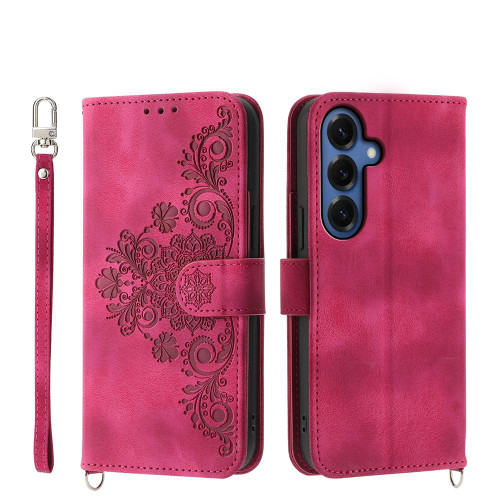 Samsung Galaxy S26 Skin Feel Flowers Embossed Wallet Leather Phone Case - Wine Red