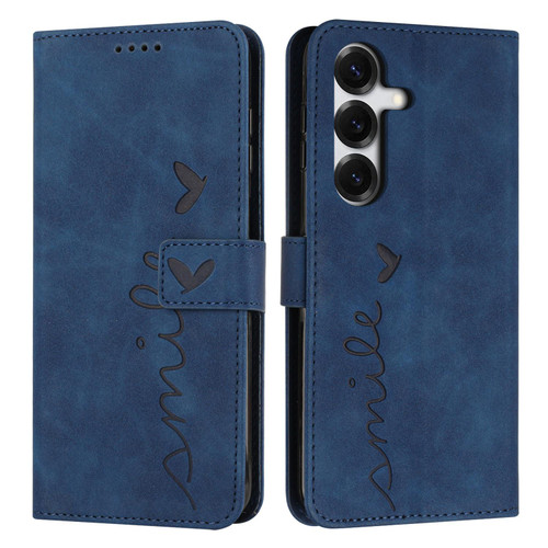 Samsung Galaxy S26 Skin Feel Heart Embossed Leather Phone Case with Long Lanyard - Blue