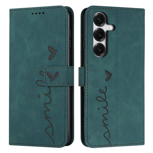 Samsung Galaxy S26 Skin Feel Heart Embossed Leather Phone Case with Long Lanyard - Green