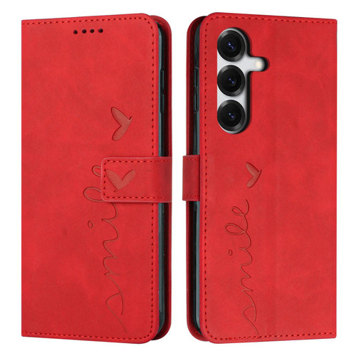 Samsung Galaxy S26 Skin Feel Heart Embossed Leather Phone Case with Long Lanyard - Red