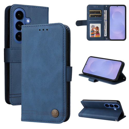 Samsung Galaxy S26 Skin Feel Life Tree Metal Button Leather Phone Case - Blue