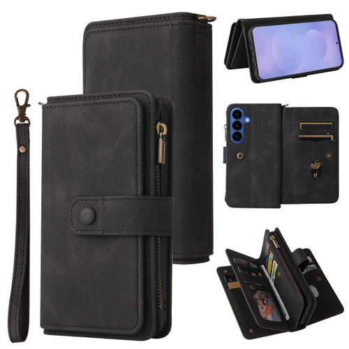 Samsung Galaxy S26 Skin Feel Multi Card Slots Zipper Wallet Leather Phone Case - Black