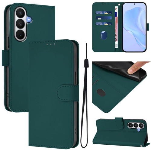 Samsung Galaxy S26 Skin Feel Solid Color Leather Phone Case with Lanyard - Dark Green