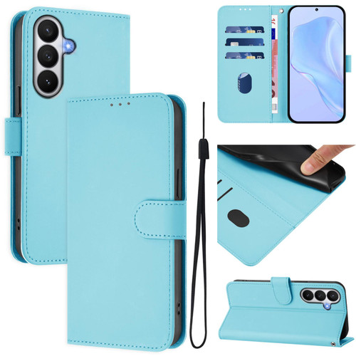 Samsung Galaxy S26 Skin Feel Solid Color Leather Phone Case with Lanyard - Sky Blue