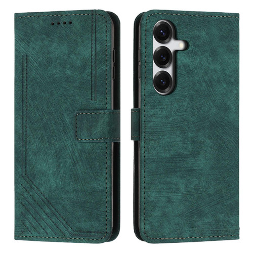 Samsung Galaxy S26 Skin Feel Stripe Pattern Leather Phone Case with Lanyard - Green