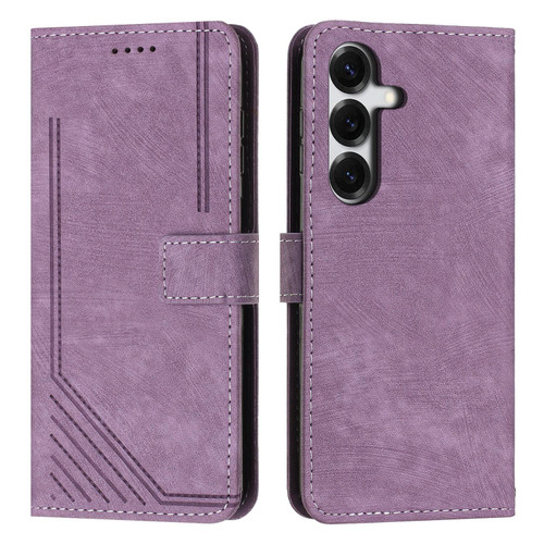 Samsung Galaxy S26 Skin Feel Stripe Pattern Leather Phone Case with Lanyard - Purple