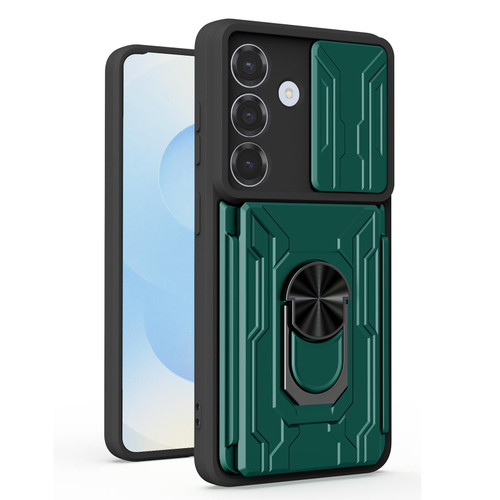 Samsung Galaxy S26 Sliding Camshield TPU+PC Phone Case with Card Slot - Dark Green