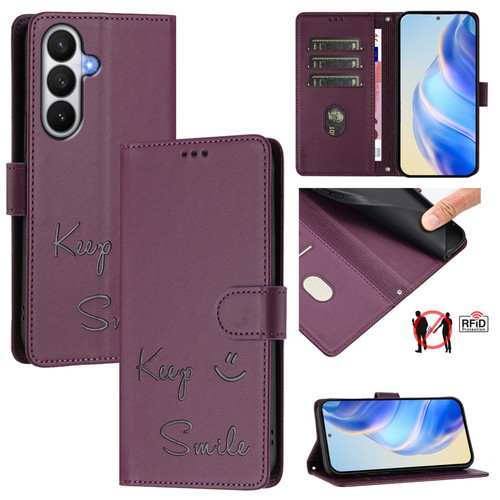Samsung Galaxy S26 Smile Embossing RFID Leather Phone Case - Violet