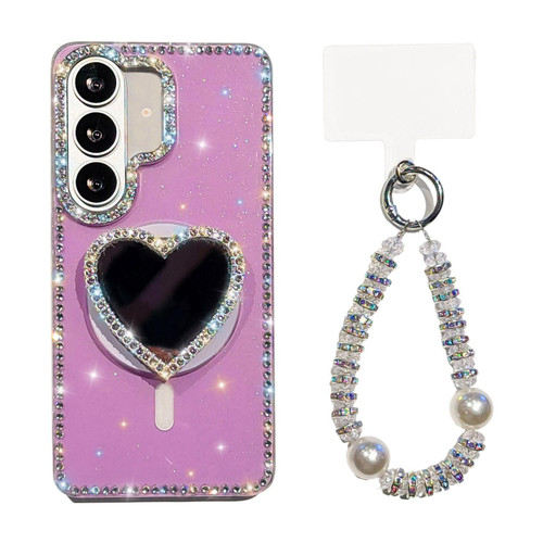 Samsung Galaxy S26 Sparkling IMD Heart-Shaped Mirror Magnetic Phone Case with Bracelet - Glitter Light Purple