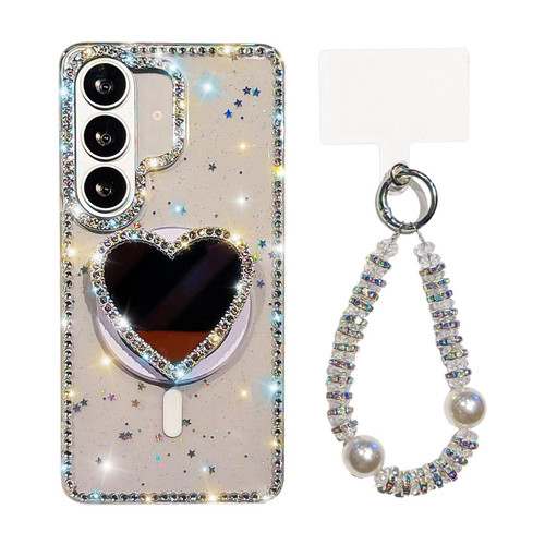 Samsung Galaxy S26 Sparkling IMD Heart-Shaped Mirror Magnetic Phone Case with Bracelet - Glitter Star