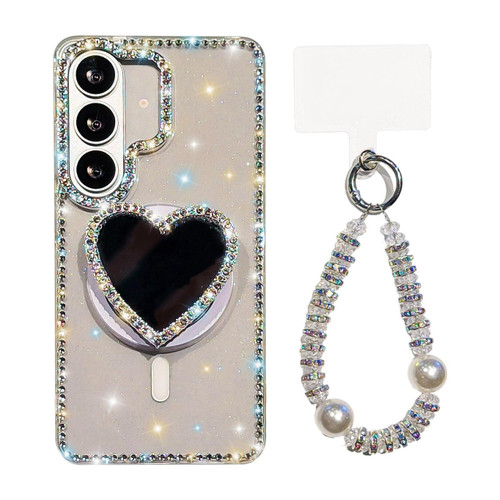 Samsung Galaxy S26 Sparkling IMD Heart-Shaped Mirror Magnetic Phone Case with Bracelet - Glitter Transparent
