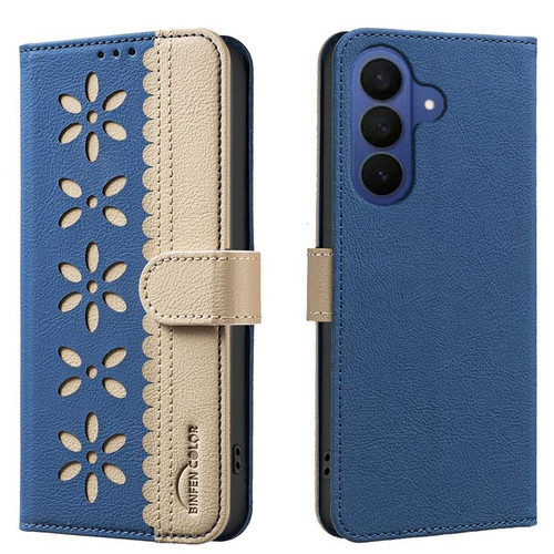 Samsung Galaxy S26 Splicing Color Hollow Flower Pattern RFID Leather Phone Case - Dark Blue