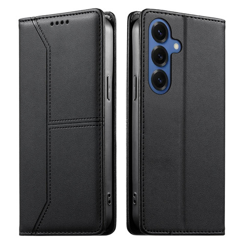 Samsung Galaxy S26 Stitched Line Magnetic RFID Vegan Leather Phone Case - Black