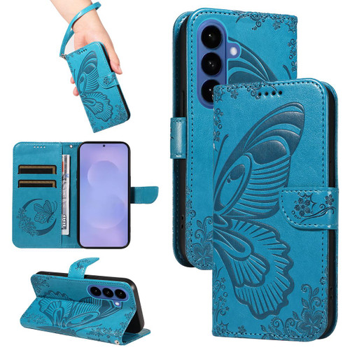 Samsung Galaxy S26 Swallowtail Butterfly Embossed Leather Phone Case - Blue