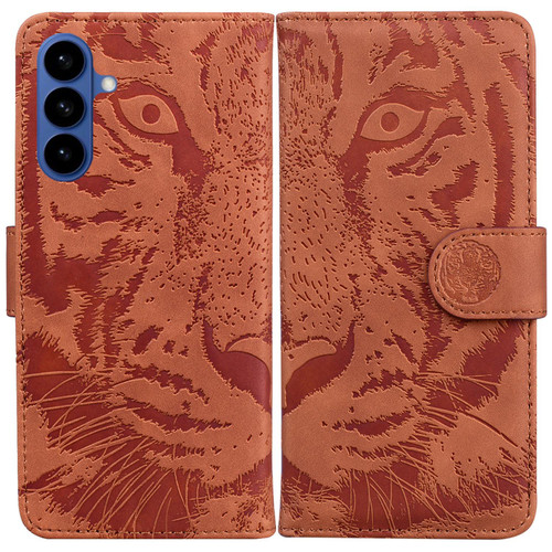 Samsung Galaxy S26 Tiger Embossing Pattern Flip Leather Phone Case - Brown