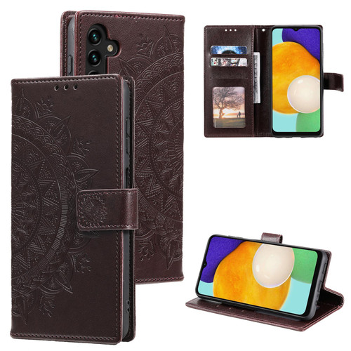 Samsung Galaxy S26 Totem Flower Embossed Leather Phone Case with Lanyard - Brown