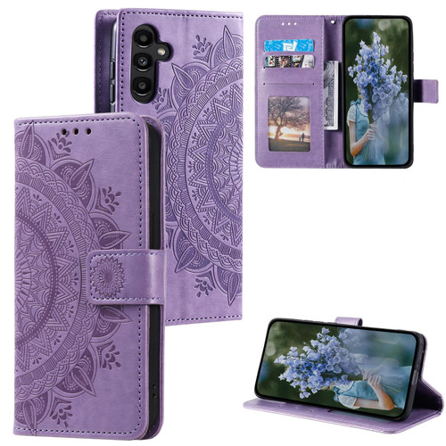 Samsung Galaxy S26 Totem Flower Embossed Leather Phone Case with Lanyard - Purple