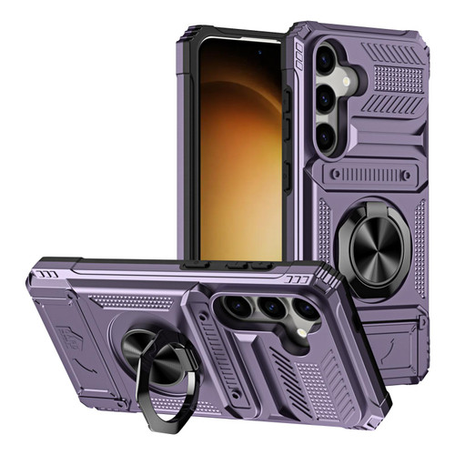 Samsung Galaxy S26 TPU Hybrid PC Shockproof Card Phone Case with Metal Ring Holder - Purple
