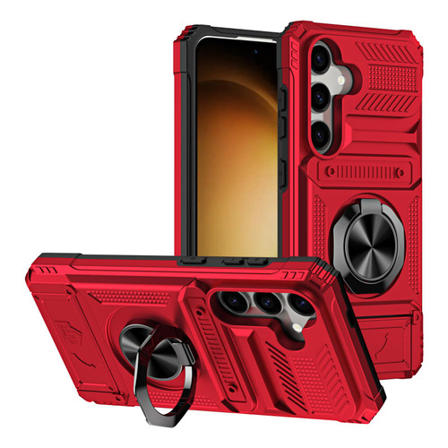 Samsung Galaxy S26 TPU Hybrid PC Shockproof Card Phone Case with Metal Ring Holder - Red
