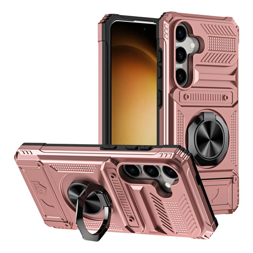 Samsung Galaxy S26 TPU Hybrid PC Shockproof Card Phone Case with Metal Ring Holder - Rose Gold