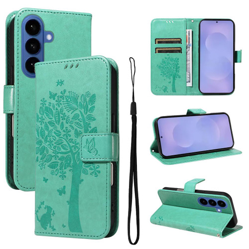 Samsung Galaxy S26 Tree & Cat Embossed Pattern Flip Leather Phone Case - Green