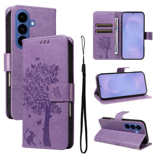 Samsung Galaxy S26 Tree & Cat Embossed Pattern Flip Leather Phone Case - Light Purple